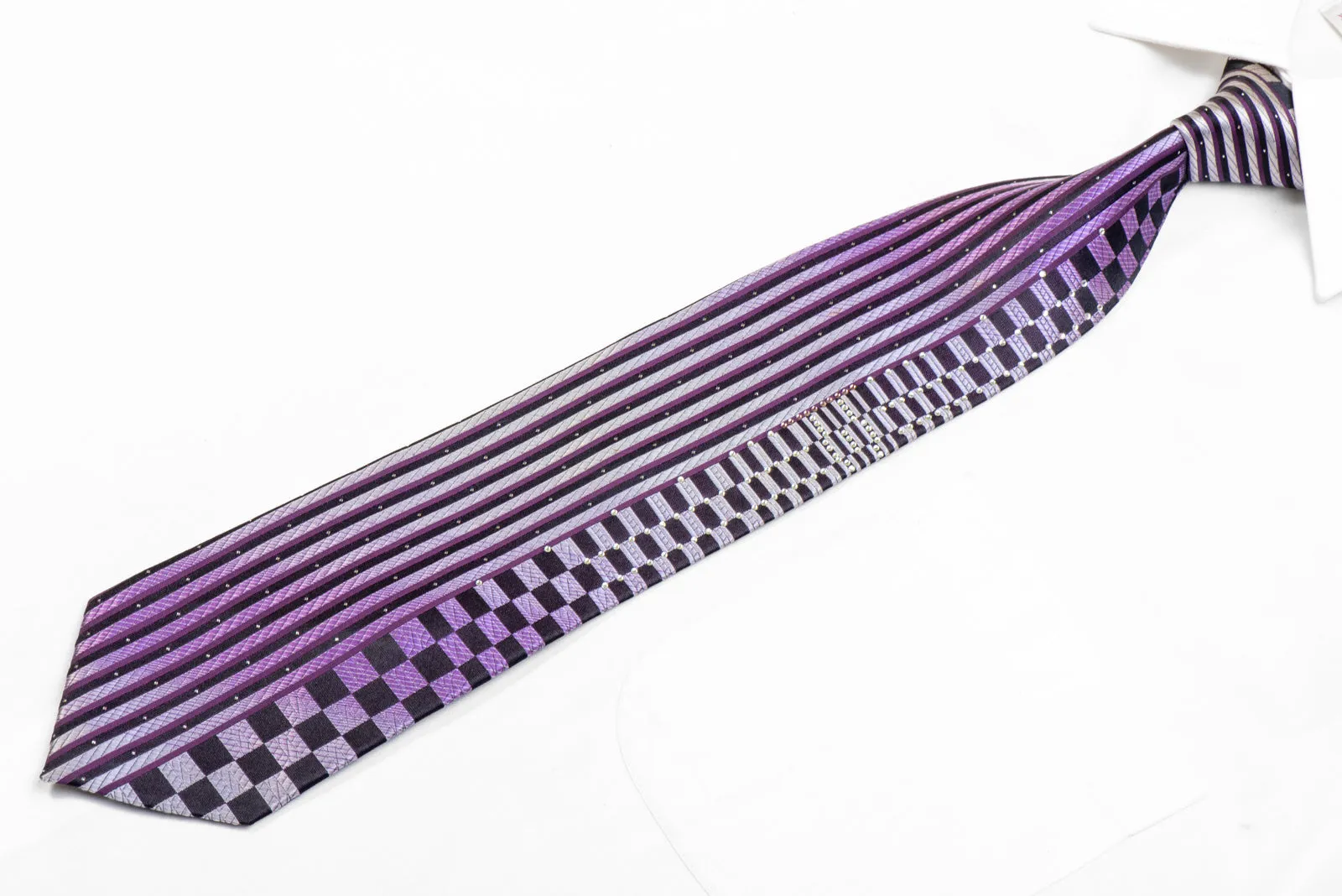 Silver Purple Vertical Striped On Navy Rhinestone Silk Tie With Sparkles