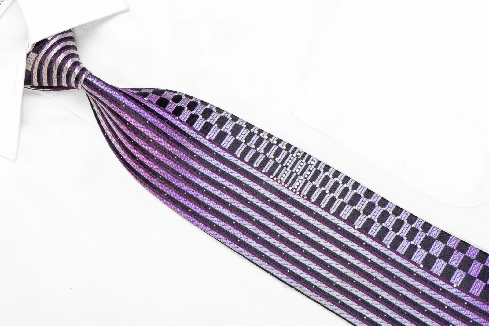 Silver Purple Vertical Striped On Navy Rhinestone Silk Tie With Sparkles