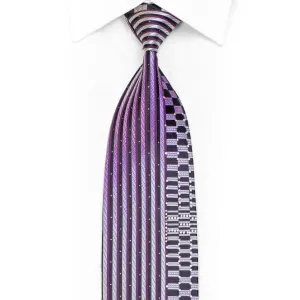 Silver Purple Vertical Striped On Navy Rhinestone Silk Tie With Sparkles