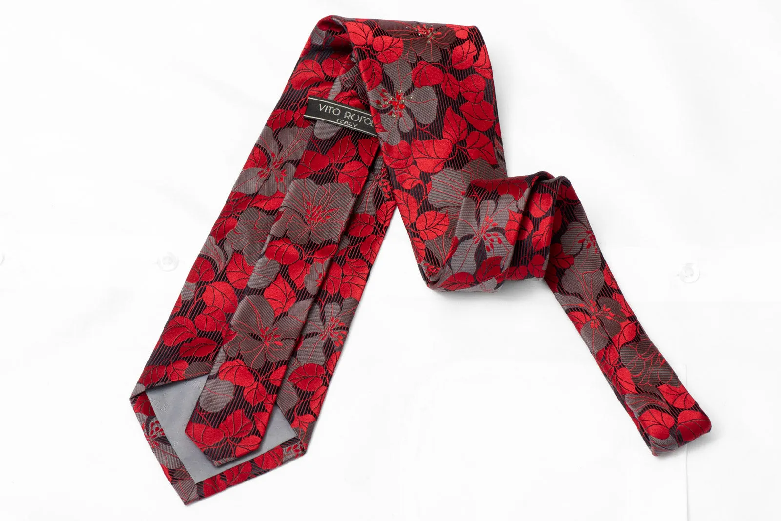 Silver Red Floral On Gray Silk Tie With Red & Gray Rhinestones