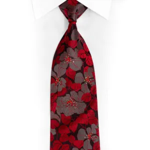 Silver Red Floral On Gray Silk Tie With Red & Gray Rhinestones