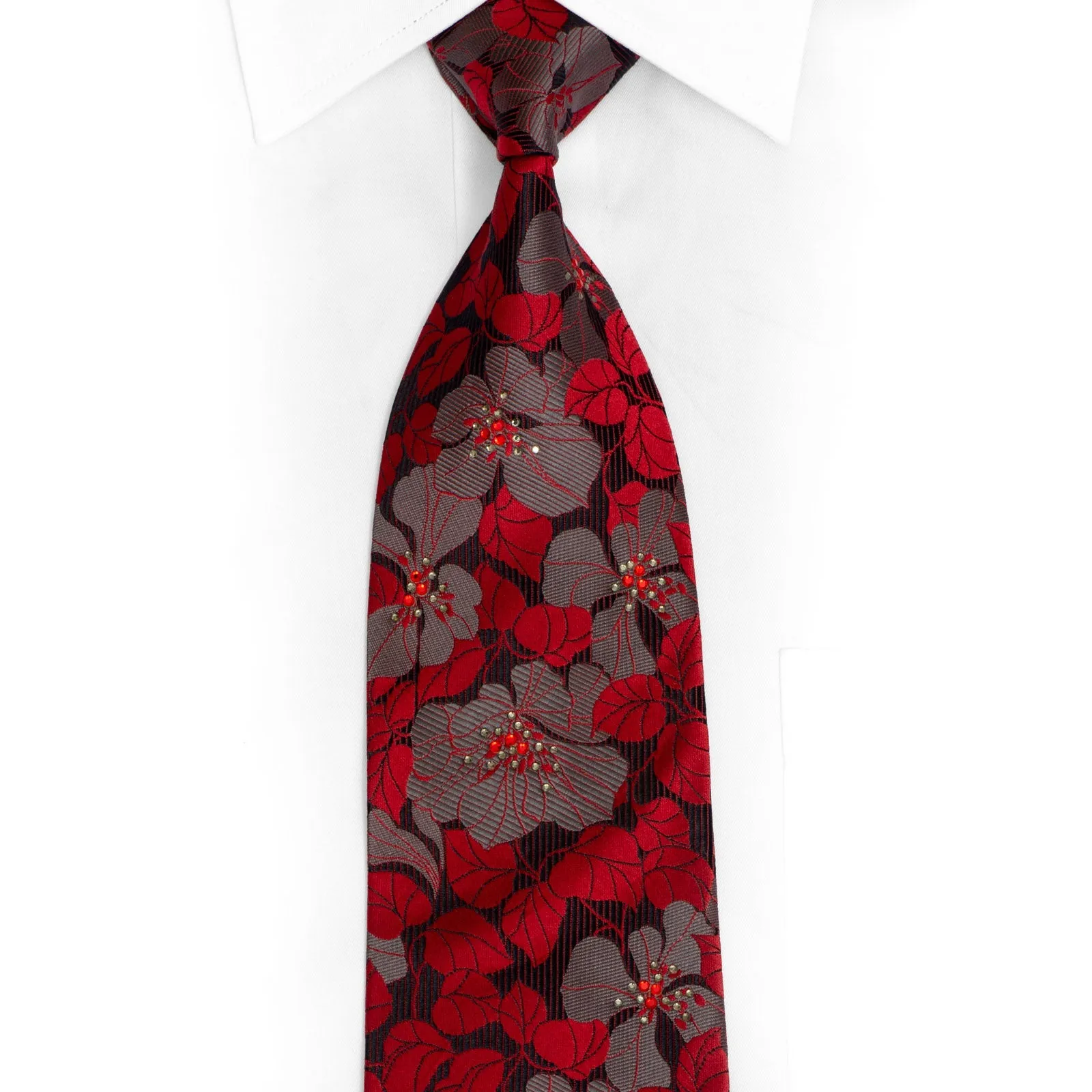 Silver Red Floral On Gray Silk Tie With Red & Gray Rhinestones