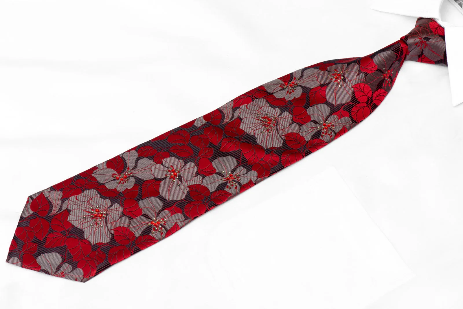 Silver Red Floral On Gray Silk Tie With Red & Gray Rhinestones