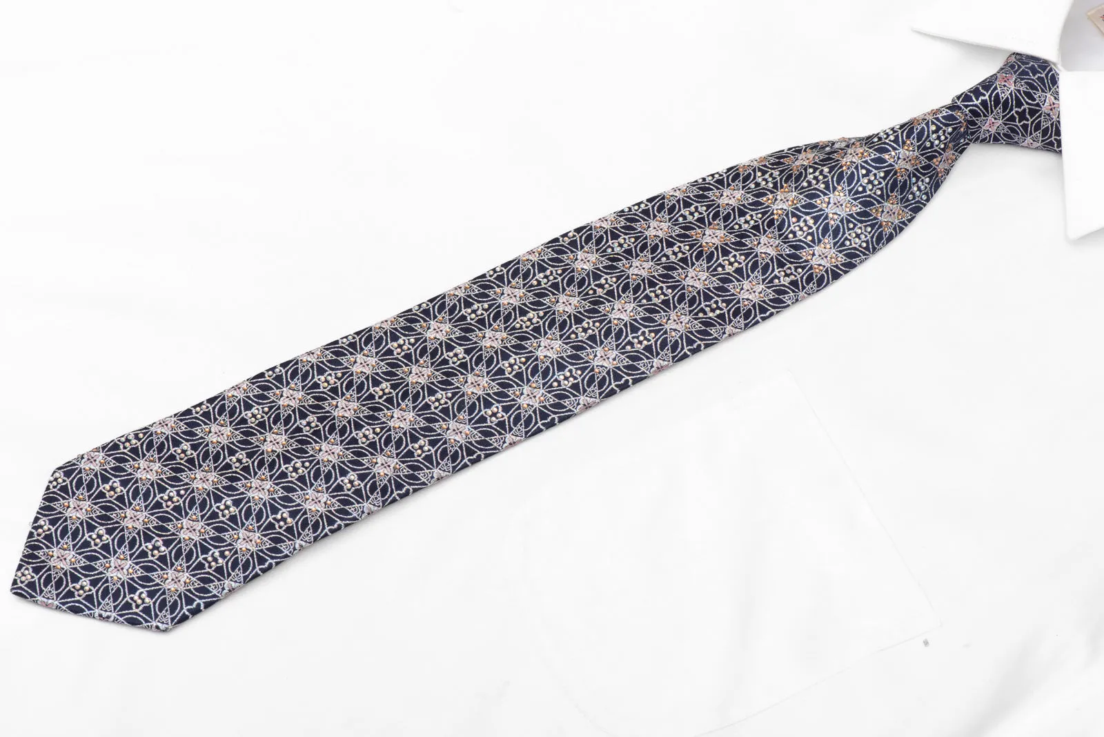Silver Trellis On Navy Blue Rhinestone Silk Tie With Silver Sparkles