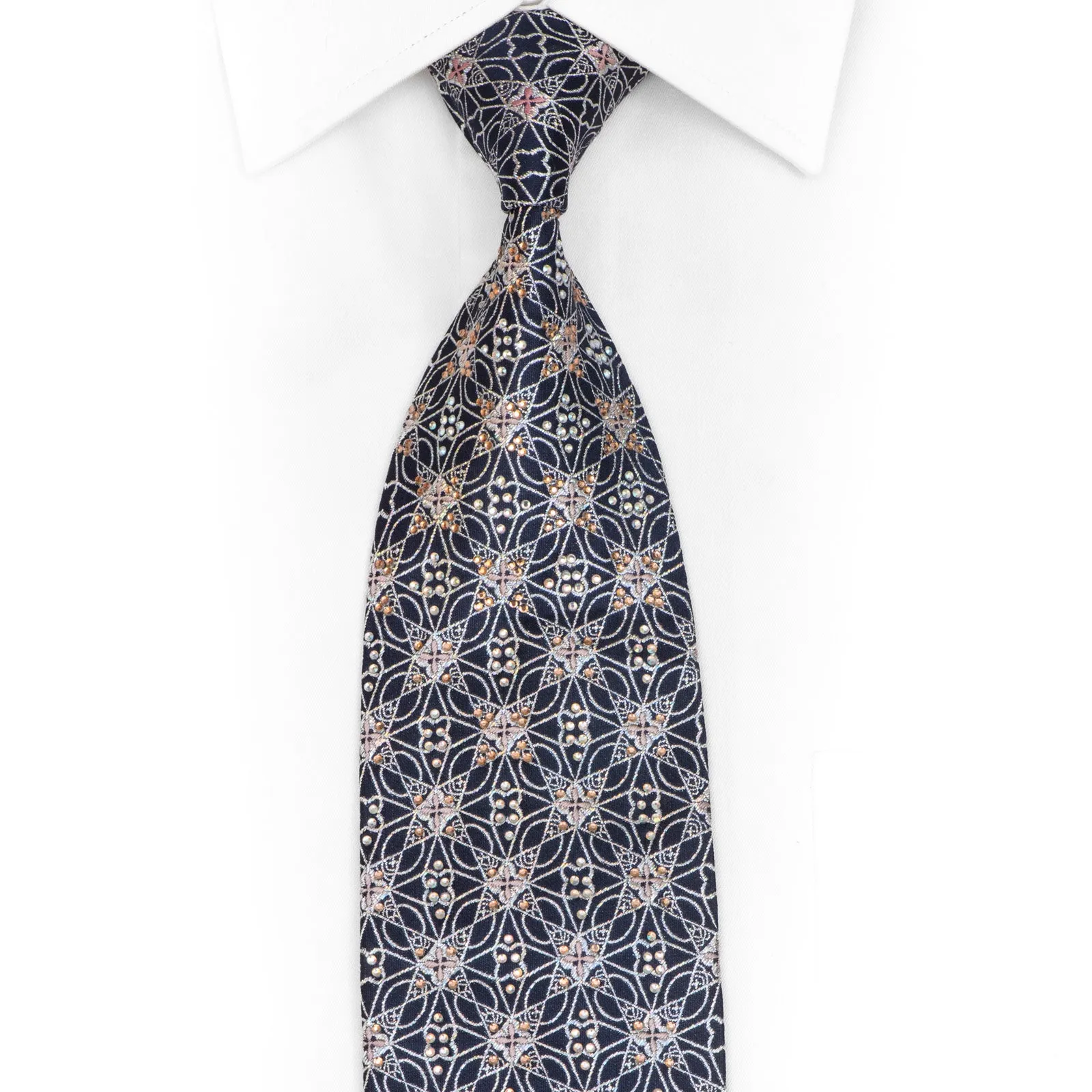 Silver Trellis On Navy Blue Rhinestone Silk Tie With Silver Sparkles