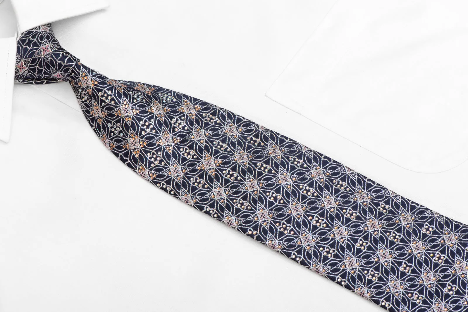 Silver Trellis On Navy Blue Rhinestone Silk Tie With Silver Sparkles