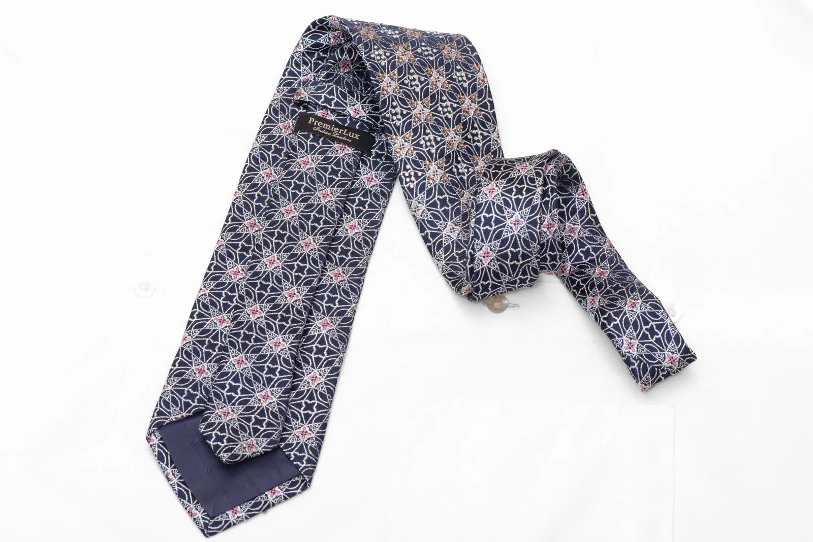 Silver Trellis On Navy Blue Rhinestone Silk Tie With Silver Sparkles