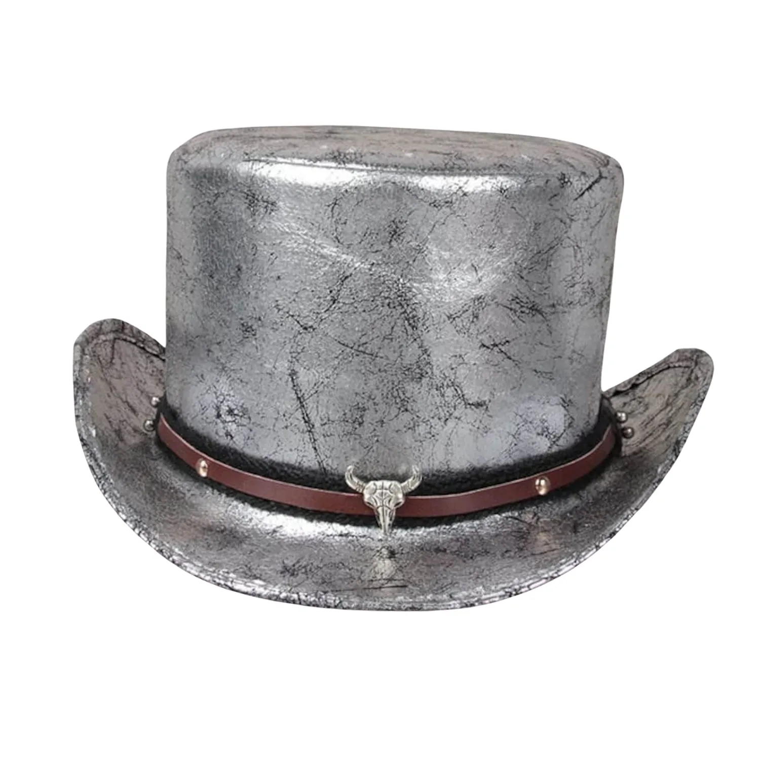 Silver Vintage Bull Style Leather Top Hat