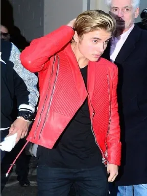 Singer Justin Bieber Red Leather Jacket