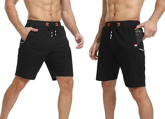 (Size L) Men's cotton shorts with zipper pockets - Black