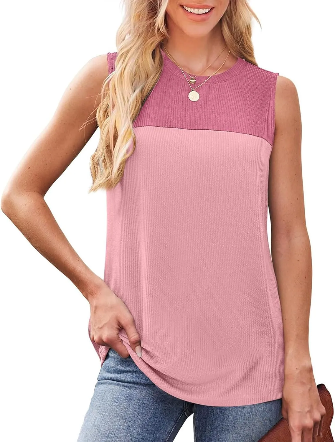 Sleeveless Sweaters for Women Casual Color Block Round Neck Tank Tops Summer Breathable Knitted Loose Fit T-Shirts