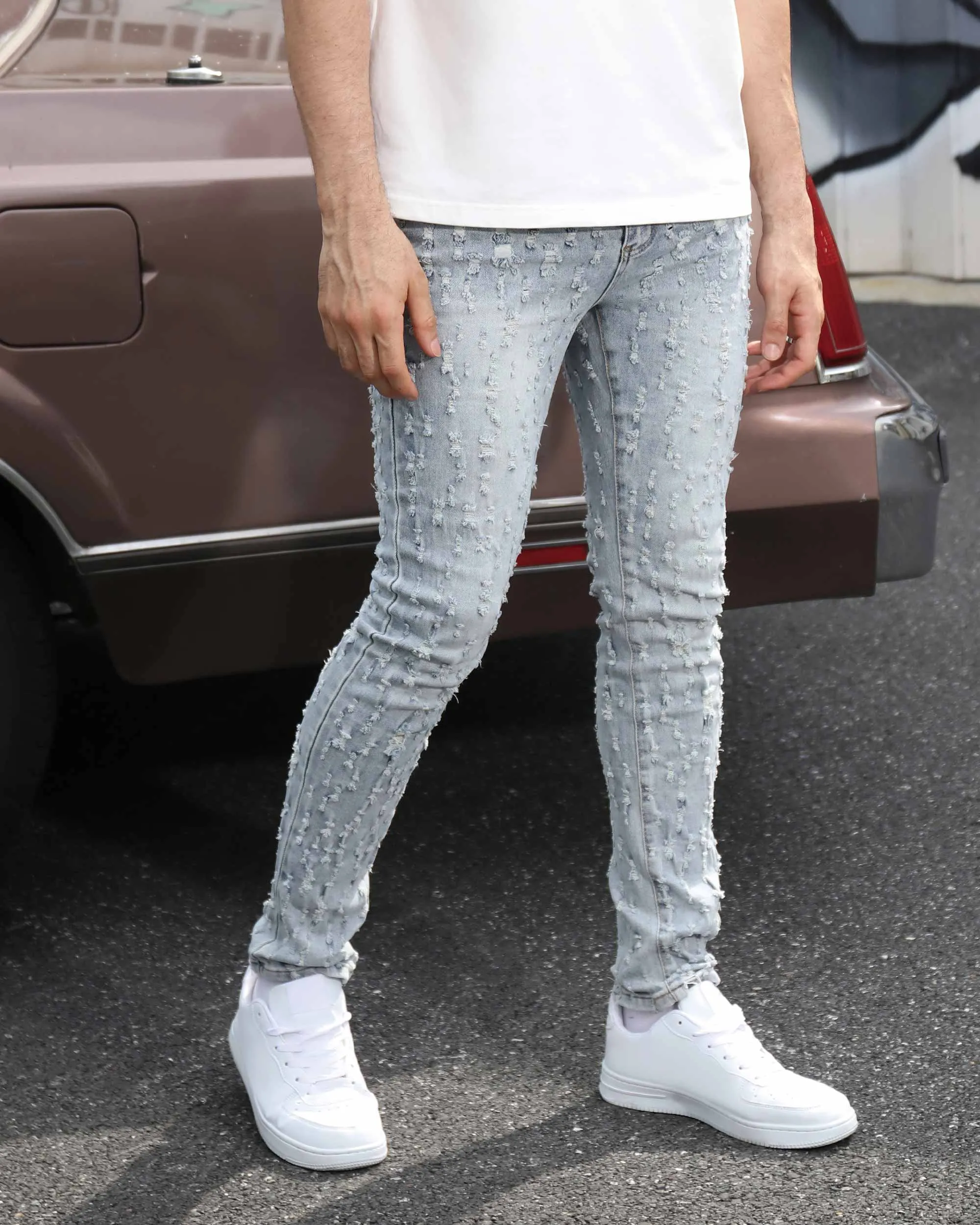 Slim Fit Light Wash Blue Ripped Jeans with Small Rips-Mexico Local Delivery