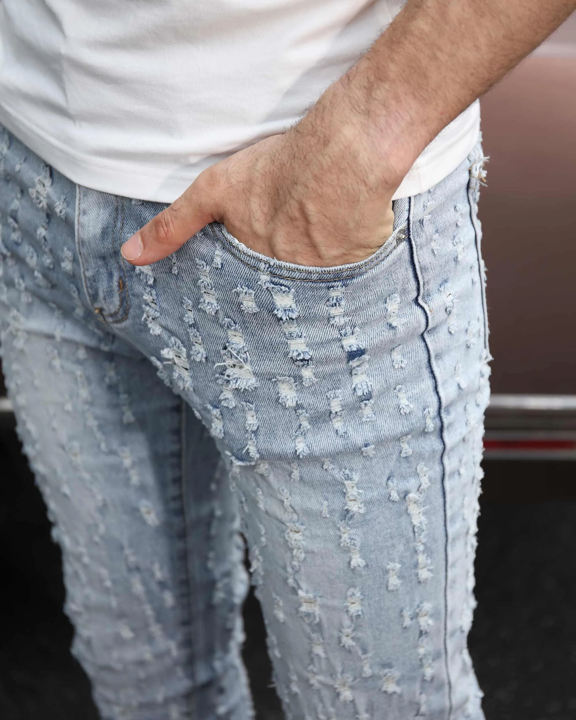 Slim Fit Light Wash Blue Ripped Jeans with Small Rips-Mexico Local Delivery