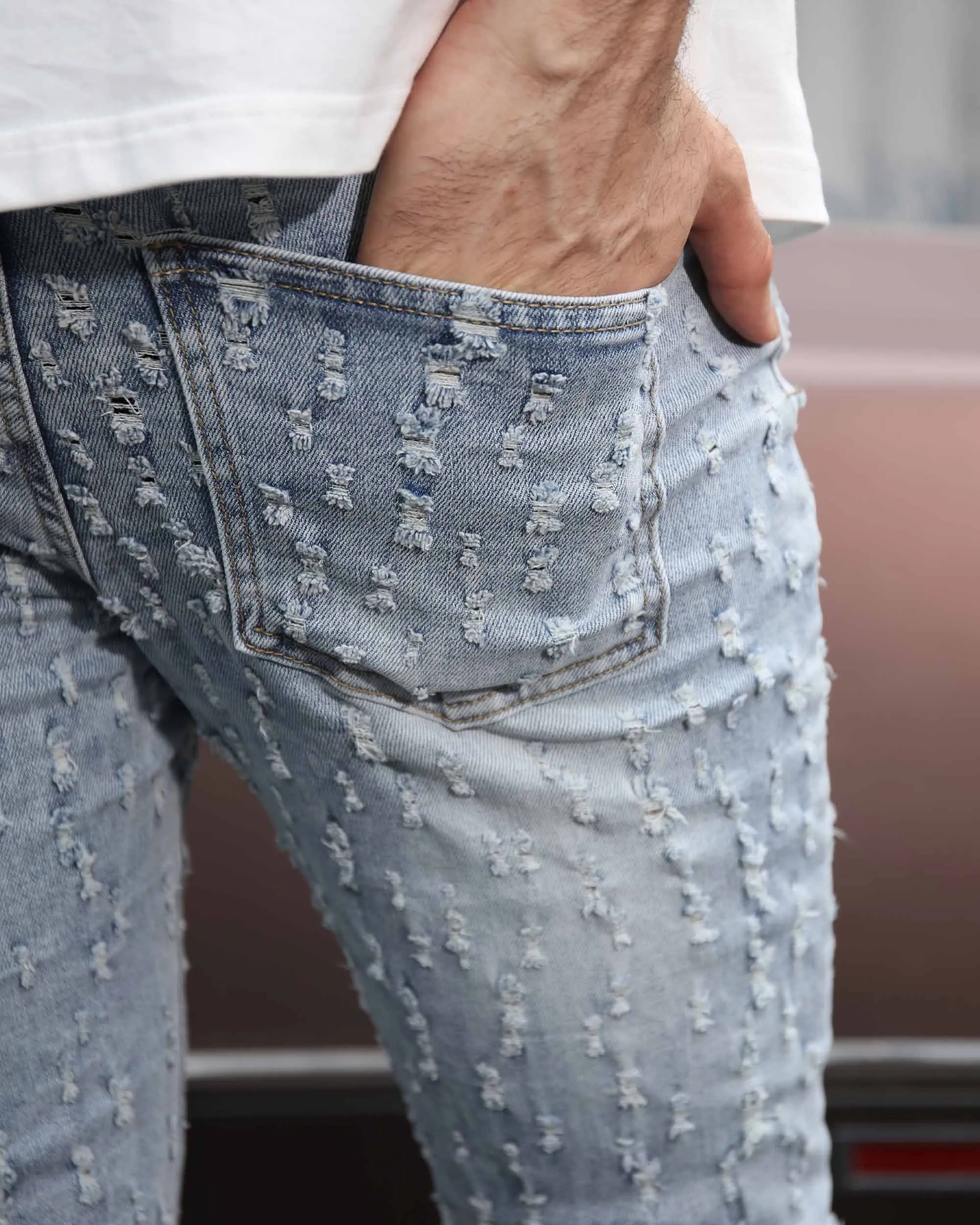 Slim Fit Light Wash Blue Ripped Jeans with Small Rips-Mexico Local Delivery