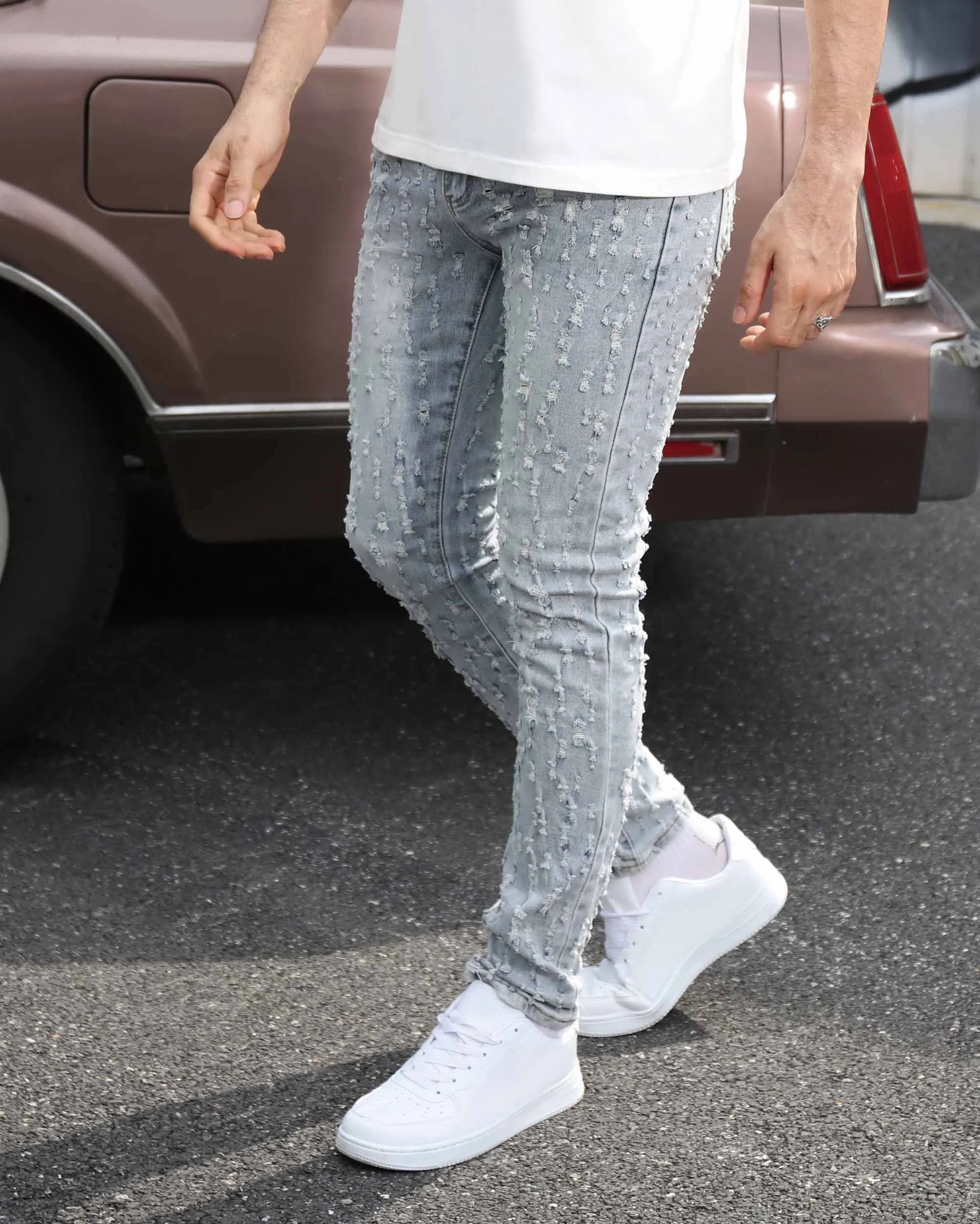 Slim Fit Light Wash Blue Ripped Jeans with Small Rips-Mexico Local Delivery
