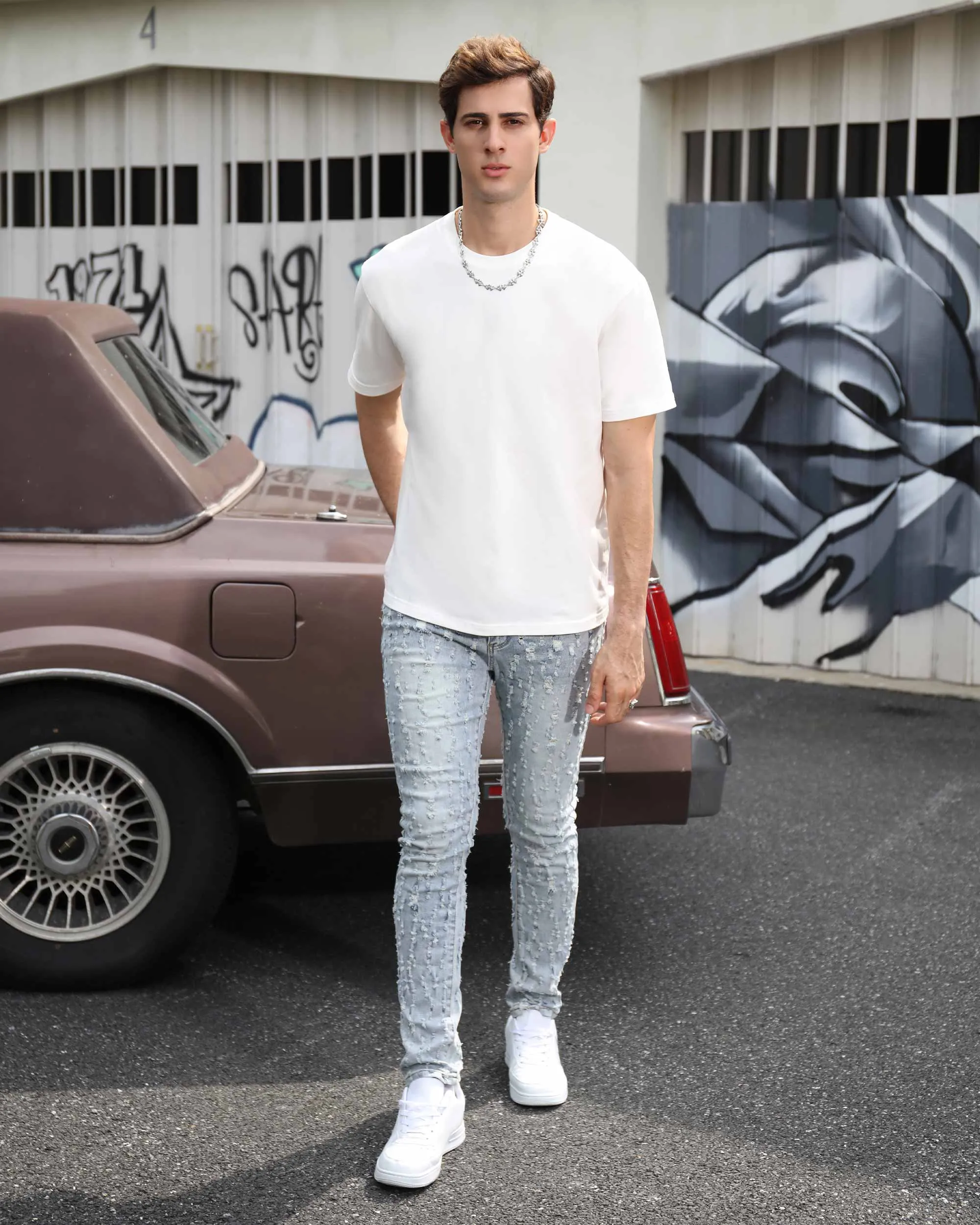 Slim Fit Light Wash Blue Ripped Jeans with Small Rips-Mexico Local Delivery
