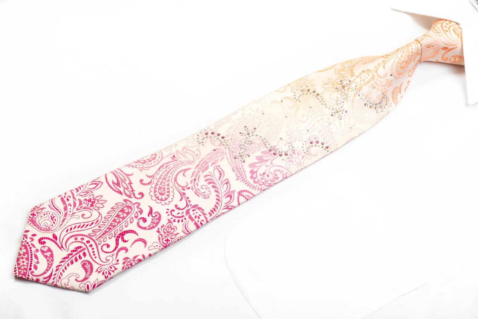 Smalto Men's Rhinestone Silk Tie Pink Peach Paisley On White