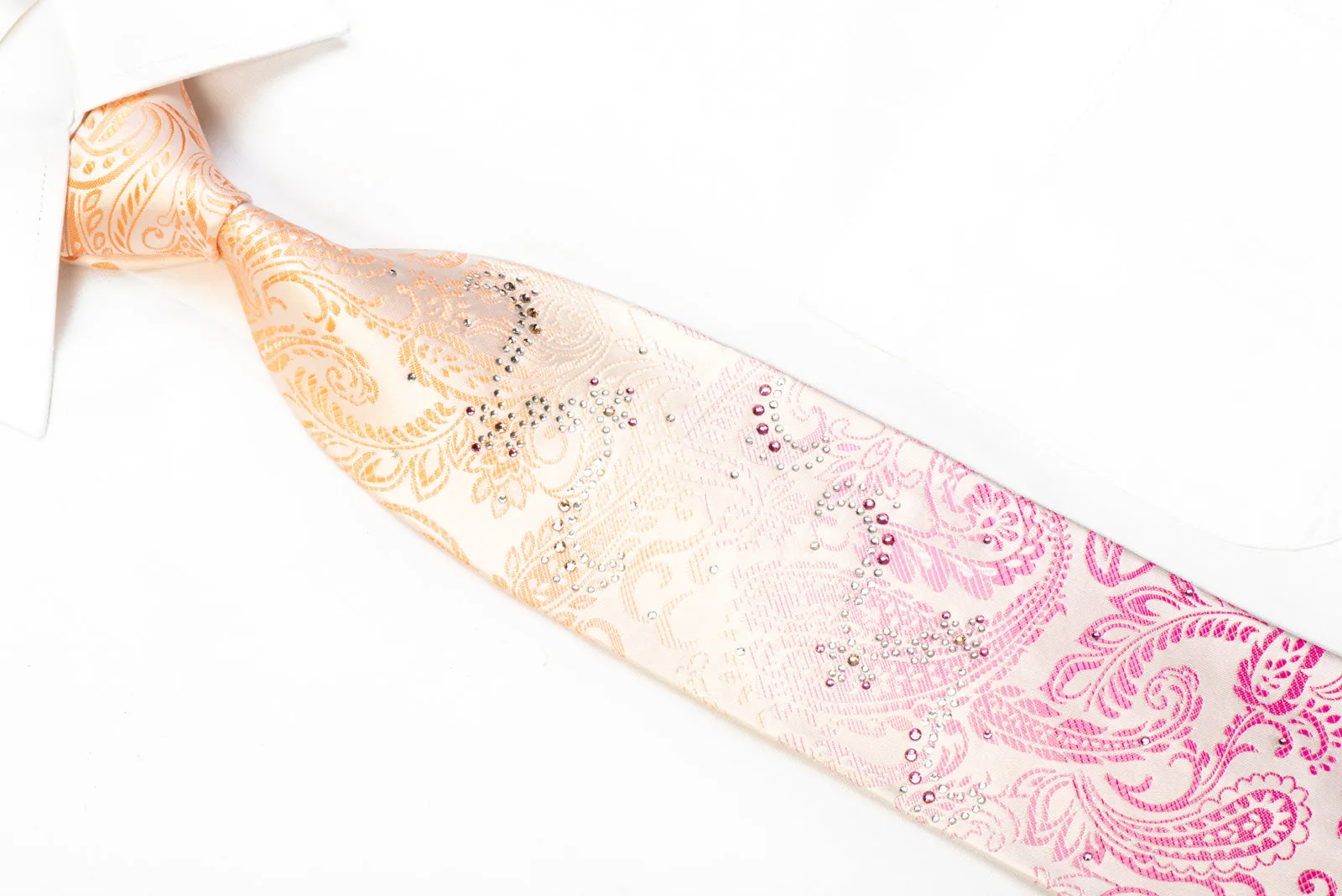 Smalto Men's Rhinestone Silk Tie Pink Peach Paisley On White