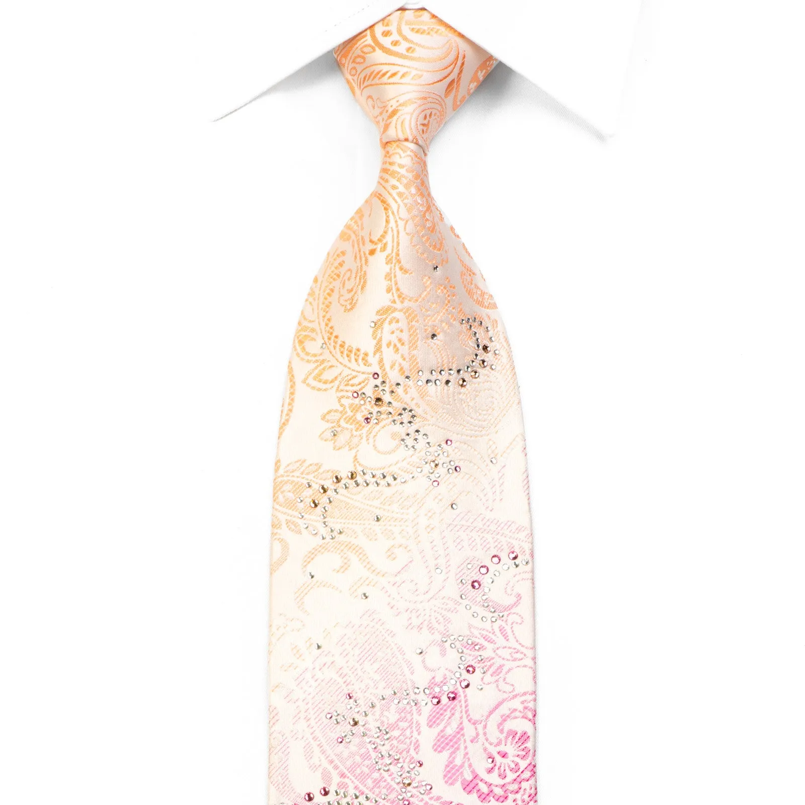 Smalto Men's Rhinestone Silk Tie Pink Peach Paisley On White