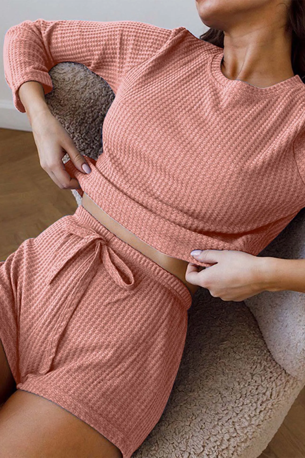 Solid Crew Neck Long Sleeve Shorts Two-Piece Set