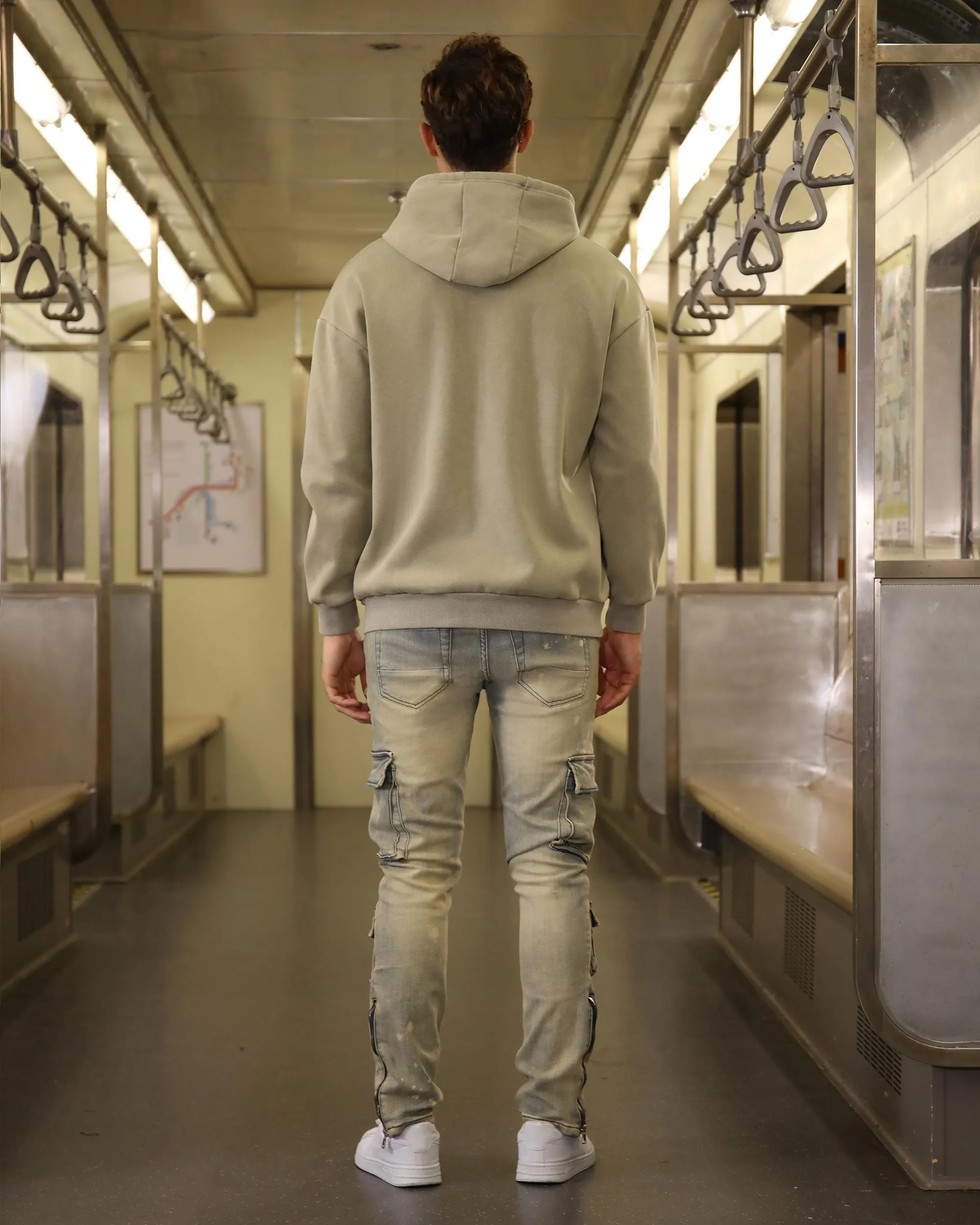 Spray-Painted Distressed Blue Jeans with Cargo Pockets-Mexico Local Delivery