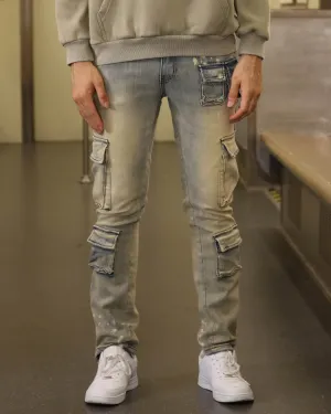 Spray-Painted Distressed Blue Jeans with Cargo Pockets-Mexico Local Delivery