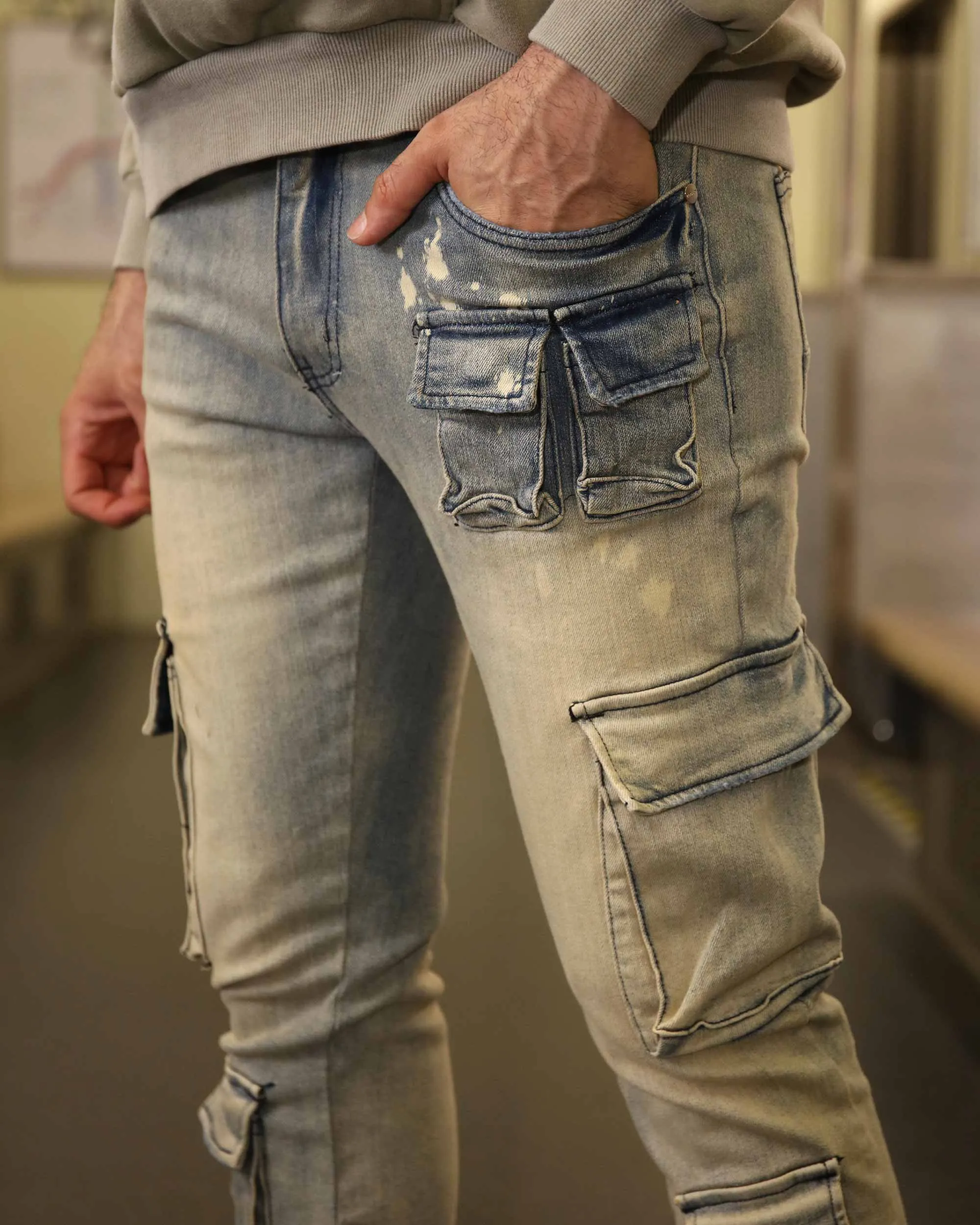 Spray-Painted Distressed Blue Jeans with Cargo Pockets-Mexico Local Delivery