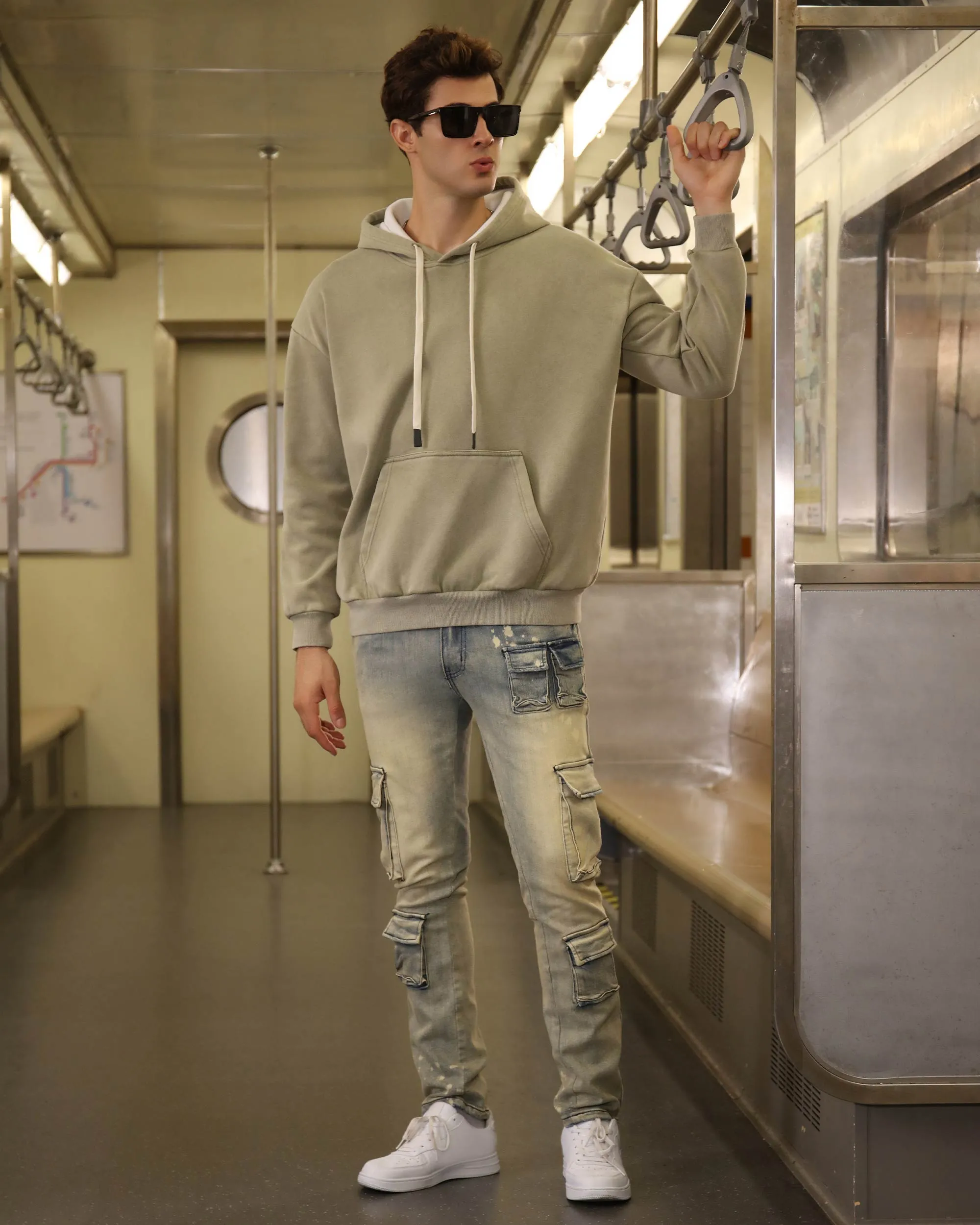 Spray-Painted Distressed Blue Jeans with Cargo Pockets-Mexico Local Delivery