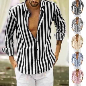 Spring Summer Men's Cotton Linen Striped Button Shirt