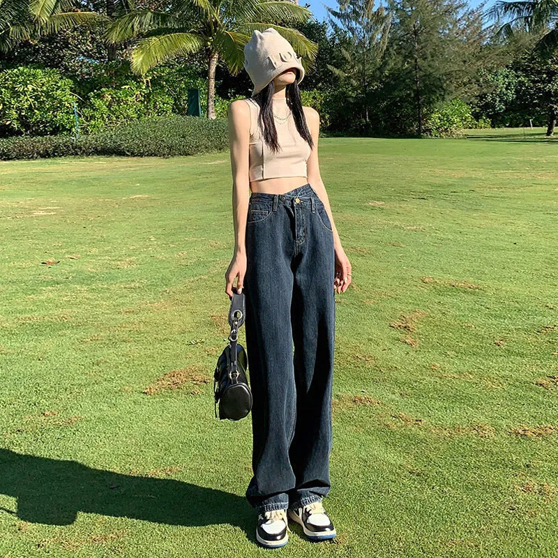 Straight Fit High Waist Irregular Wide Leg Jeans