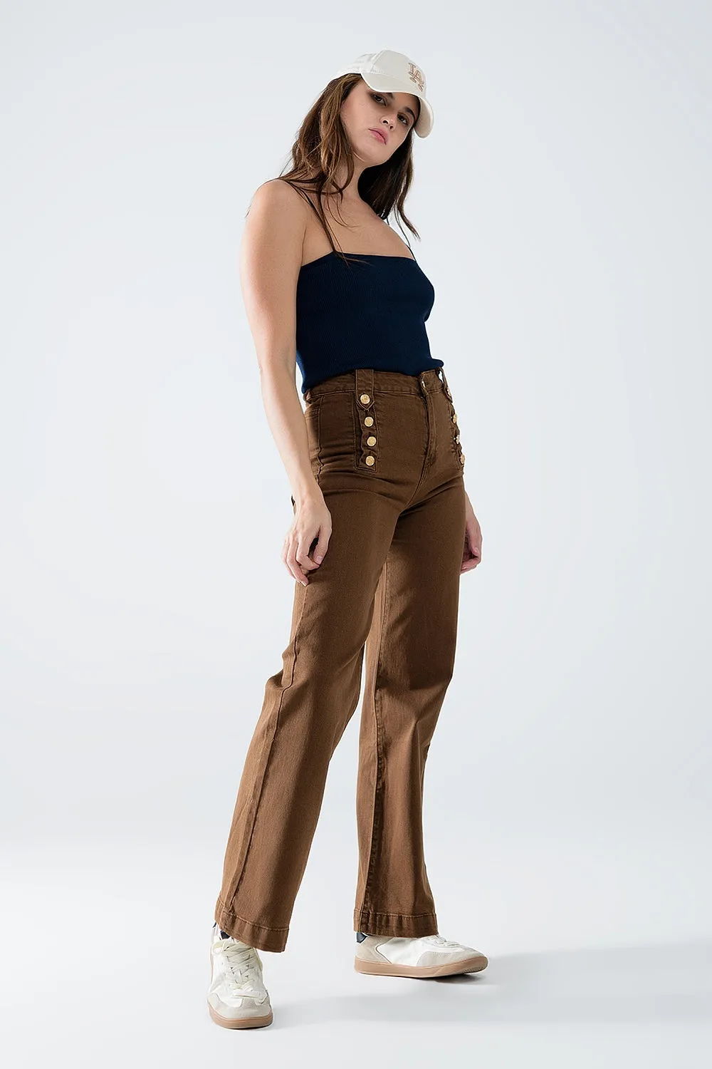 Straight Jeans With Gold Buttons At the Side in camel