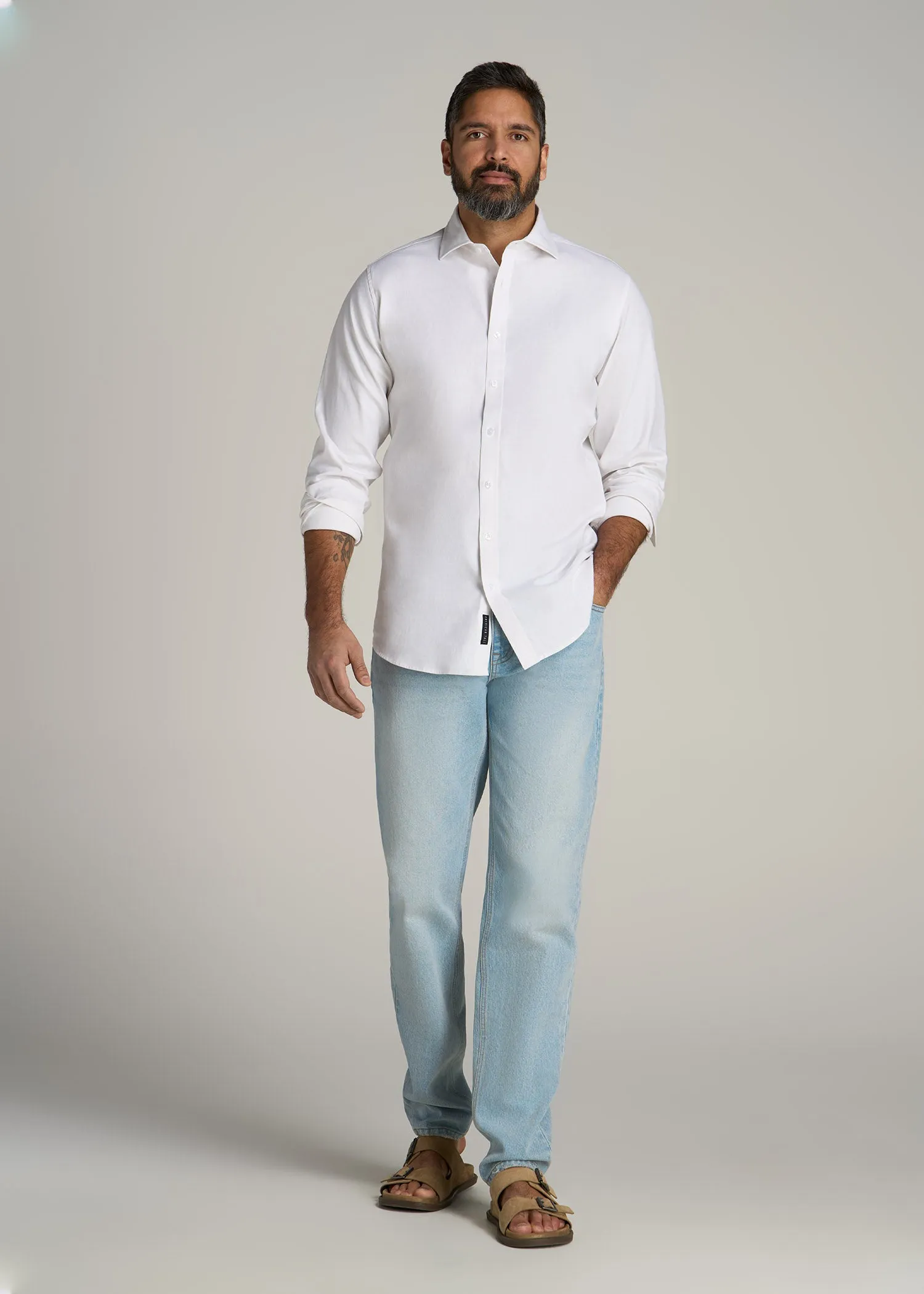 Stretch Linen Dress Shirt for Tall Men in White