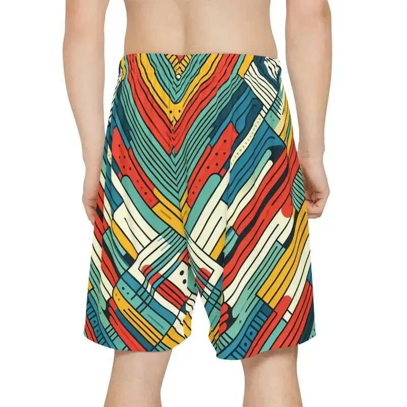Striking Red and Green Striped Men's Sports Shorts