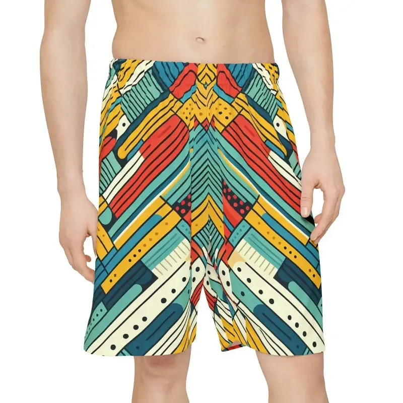 Striking Red and Green Striped Men's Sports Shorts