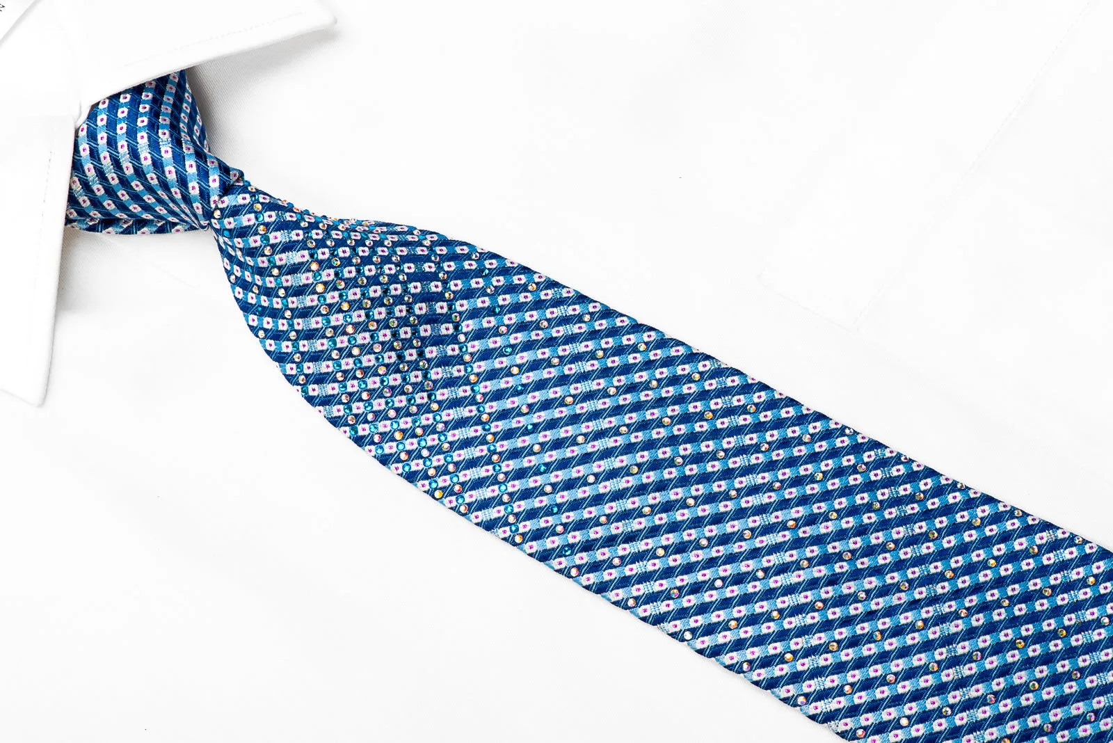 Striped On Blue With Purple Sparkles Rhinestone Necktie