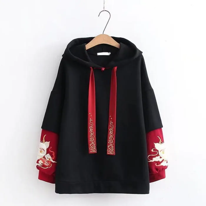 Stylish Dragon Embroidery Colorblock Hoodie Skirt Set