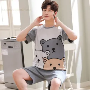 Summer Knitted Cotton Men’s Pajama Set – Short-Sleeved Letter Print Sleepwear Suit, Comfortable Homewear