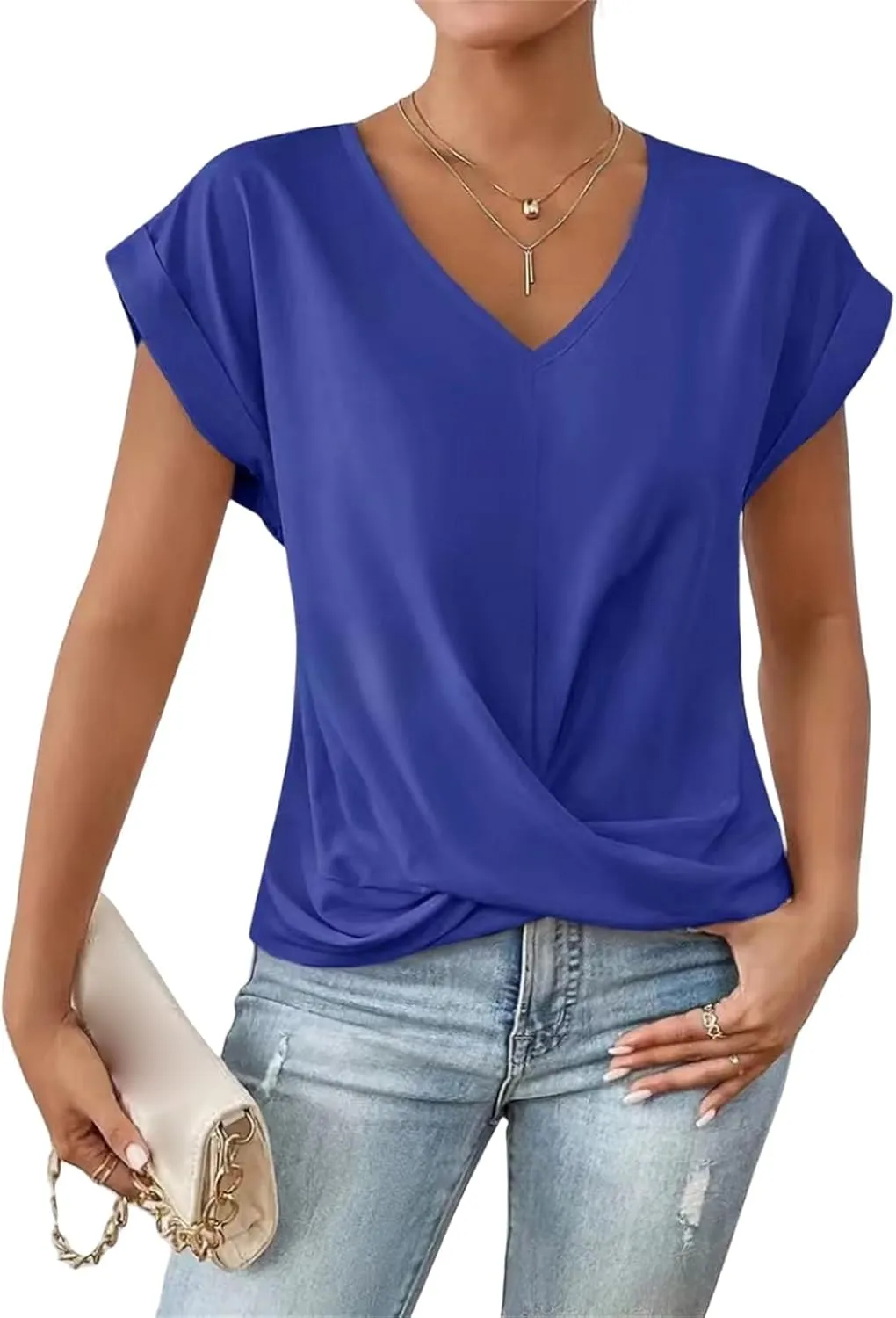 Summer T Shirts for Women Pleated Short Sleeve V-Neck Shirts Dressy Work Blouse Loose Casual Tee Tops Basic T-Shirt