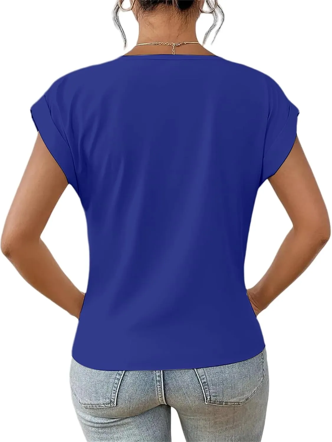 Summer T Shirts for Women Pleated Short Sleeve V-Neck Shirts Dressy Work Blouse Loose Casual Tee Tops Basic T-Shirt