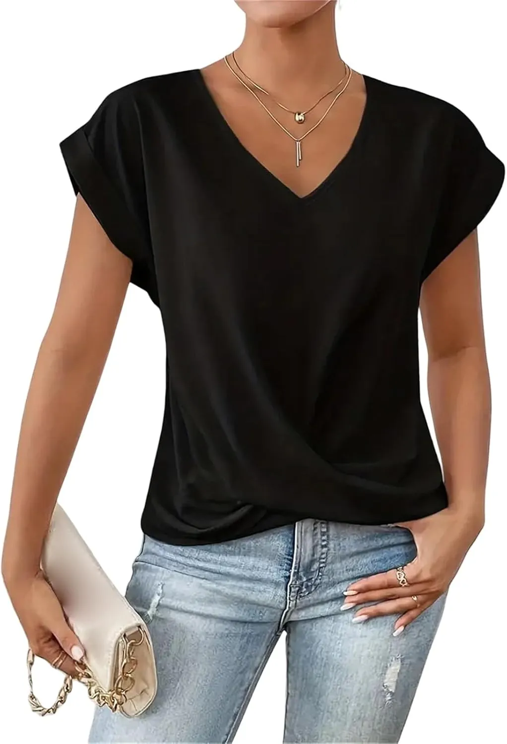 Summer T Shirts for Women Pleated Short Sleeve V-Neck Shirts Dressy Work Blouse Loose Casual Tee Tops Basic T-Shirt