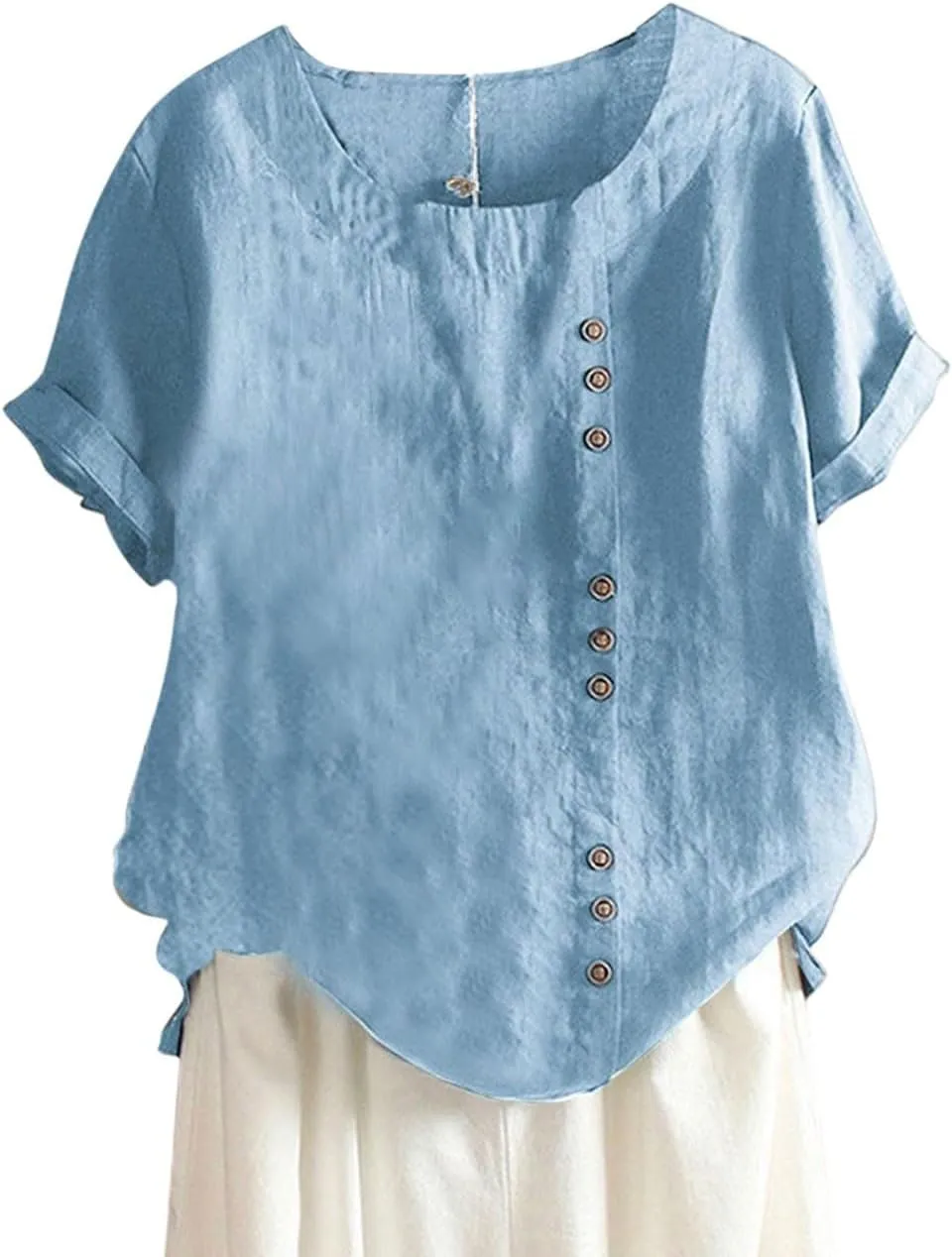 Summer Tops for Women 2024 Casual Short Sleeve Pullover Tunic T Shirts Ethnic Floral Print Button Spring Blouses