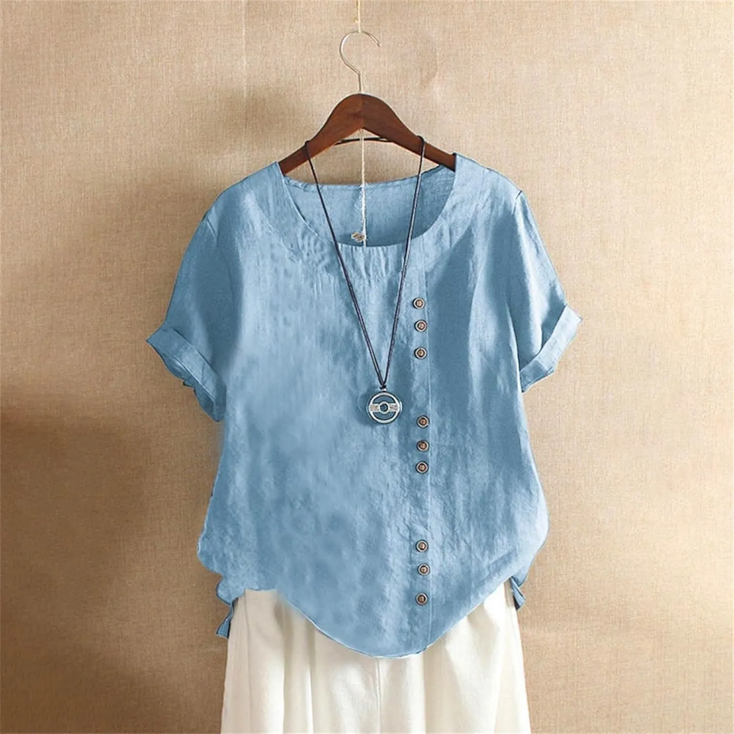 Summer Tops for Women 2024 Casual Short Sleeve Pullover Tunic T Shirts Ethnic Floral Print Button Spring Blouses