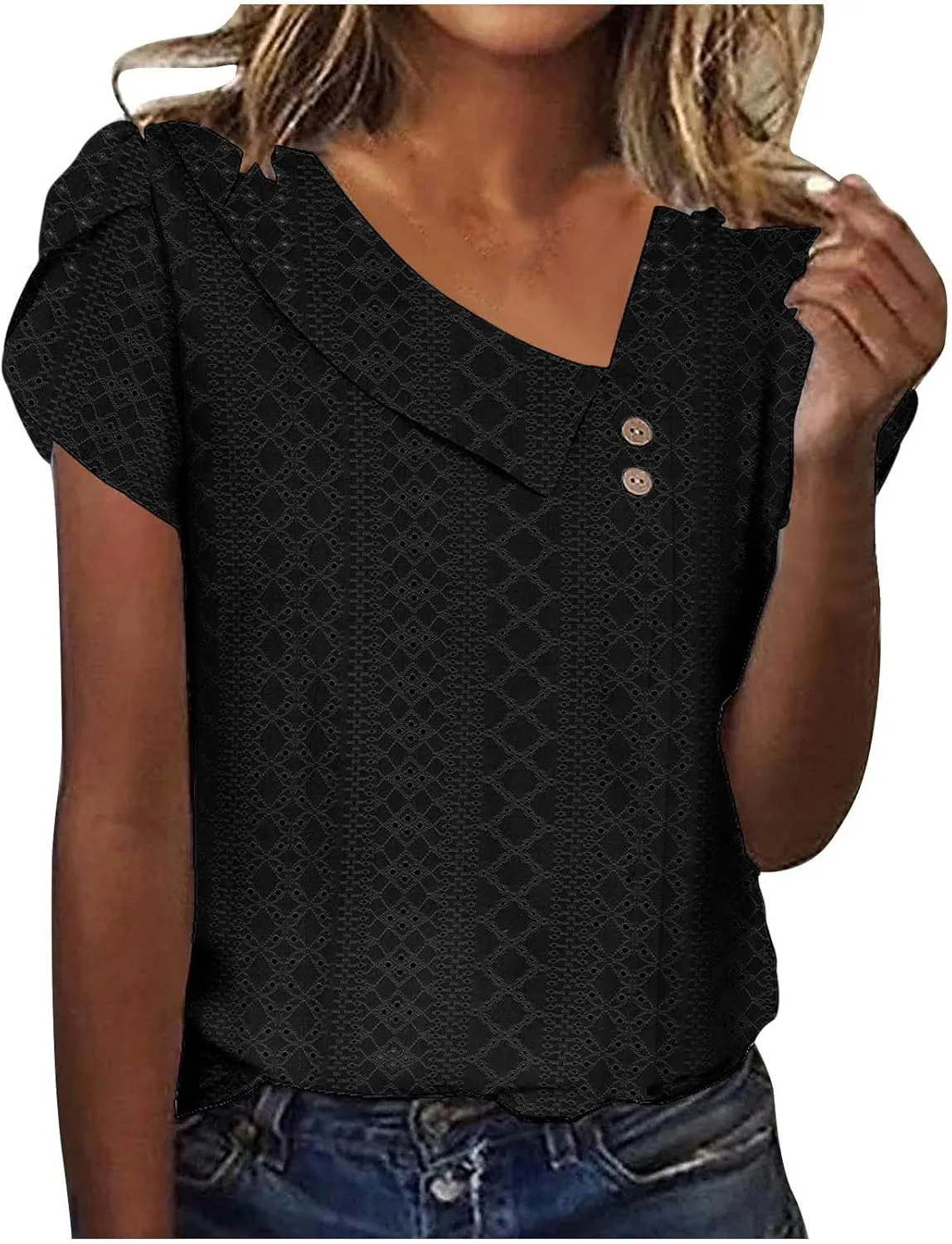 Summer Tops for Women 2025 Fashion Casual Short Sleeve Asymmetric V Neck Tees Eyelet Buttons Slim Fit Solid Shirts