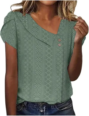 Summer Tops for Women 2025 Fashion Casual Short Sleeve Asymmetric V Neck Tees Eyelet Buttons Slim Fit Solid Shirts