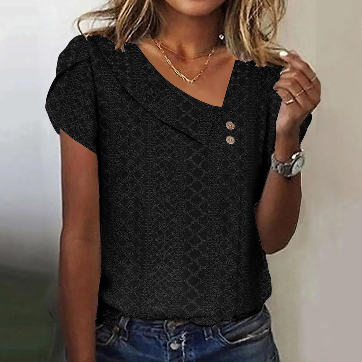 Summer Tops for Women 2025 Fashion Casual Short Sleeve Asymmetric V Neck Tees Eyelet Buttons Slim Fit Solid Shirts