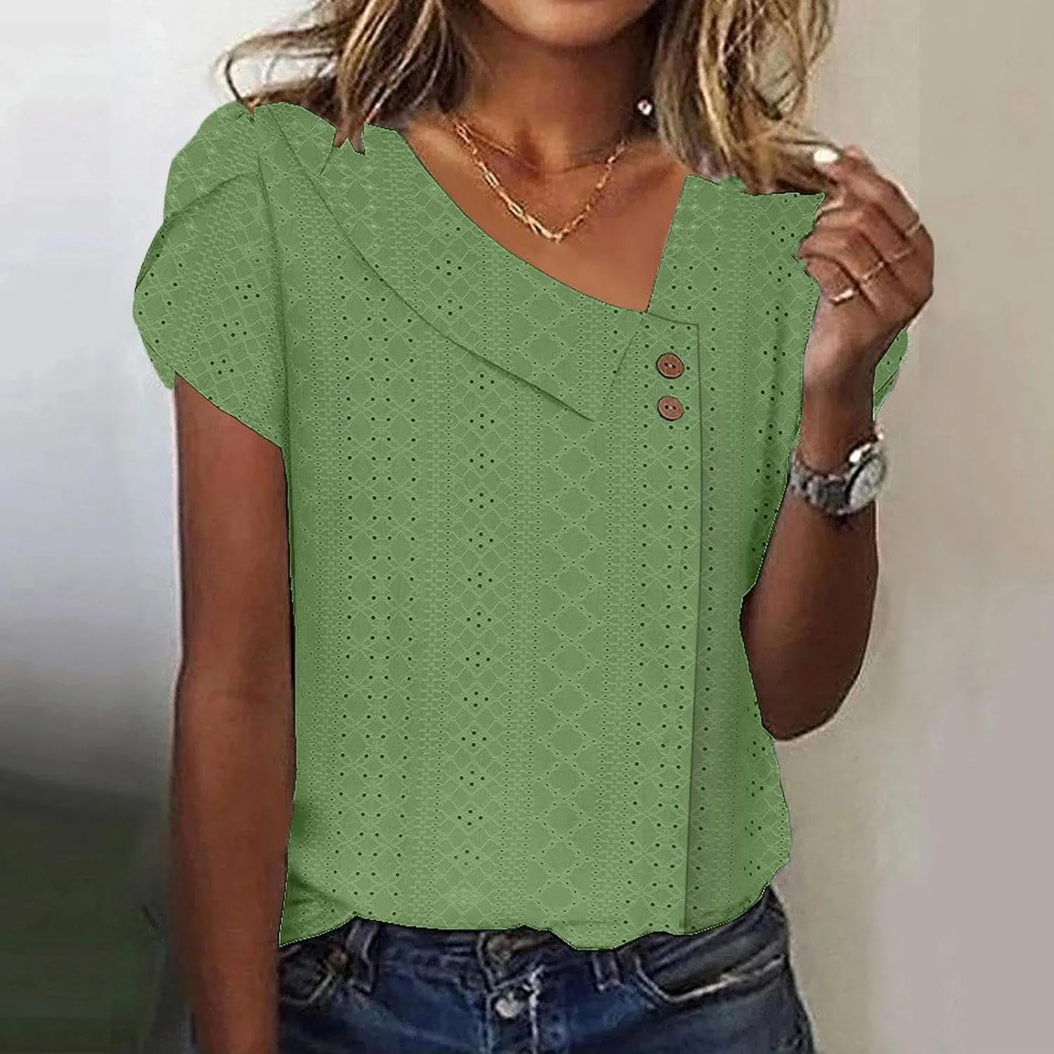 Summer Tops for Women 2025 Fashion Casual Short Sleeve Asymmetric V Neck Tees Eyelet Buttons Slim Fit Solid Shirts
