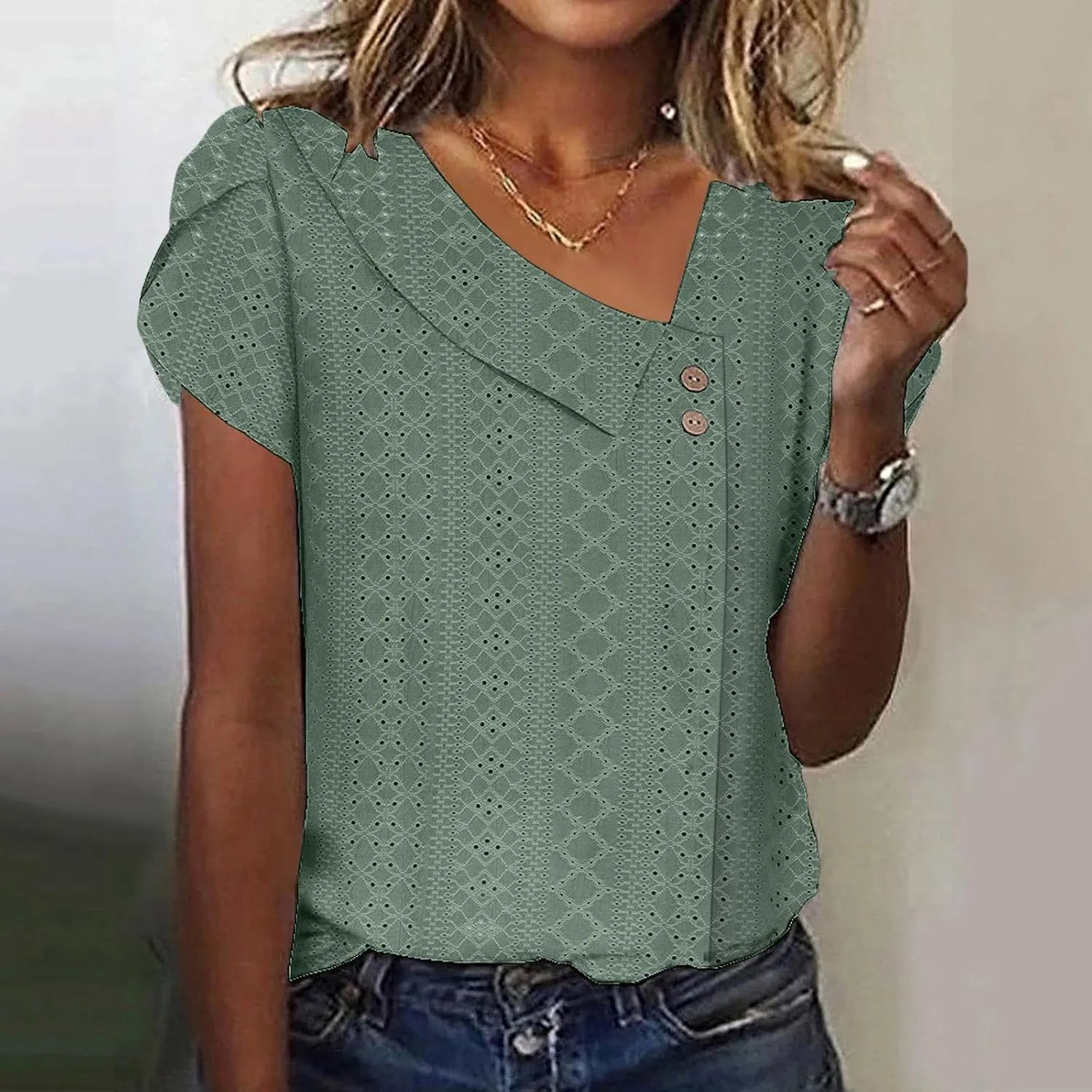 Summer Tops for Women 2025 Fashion Casual Short Sleeve Asymmetric V Neck Tees Eyelet Buttons Slim Fit Solid Shirts
