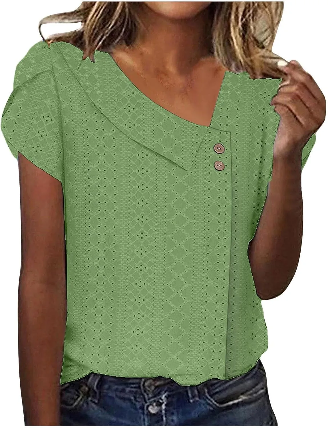 Summer Tops for Women 2025 Fashion Casual Short Sleeve Asymmetric V Neck Tees Eyelet Buttons Slim Fit Solid Shirts