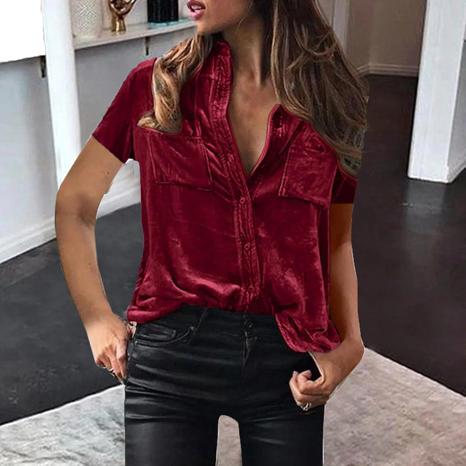 Summer Tops for Women Fashion Short Sleeve V Neck Tops Casual Button Down Shirts Trendy Lightweight Loose Fit Top