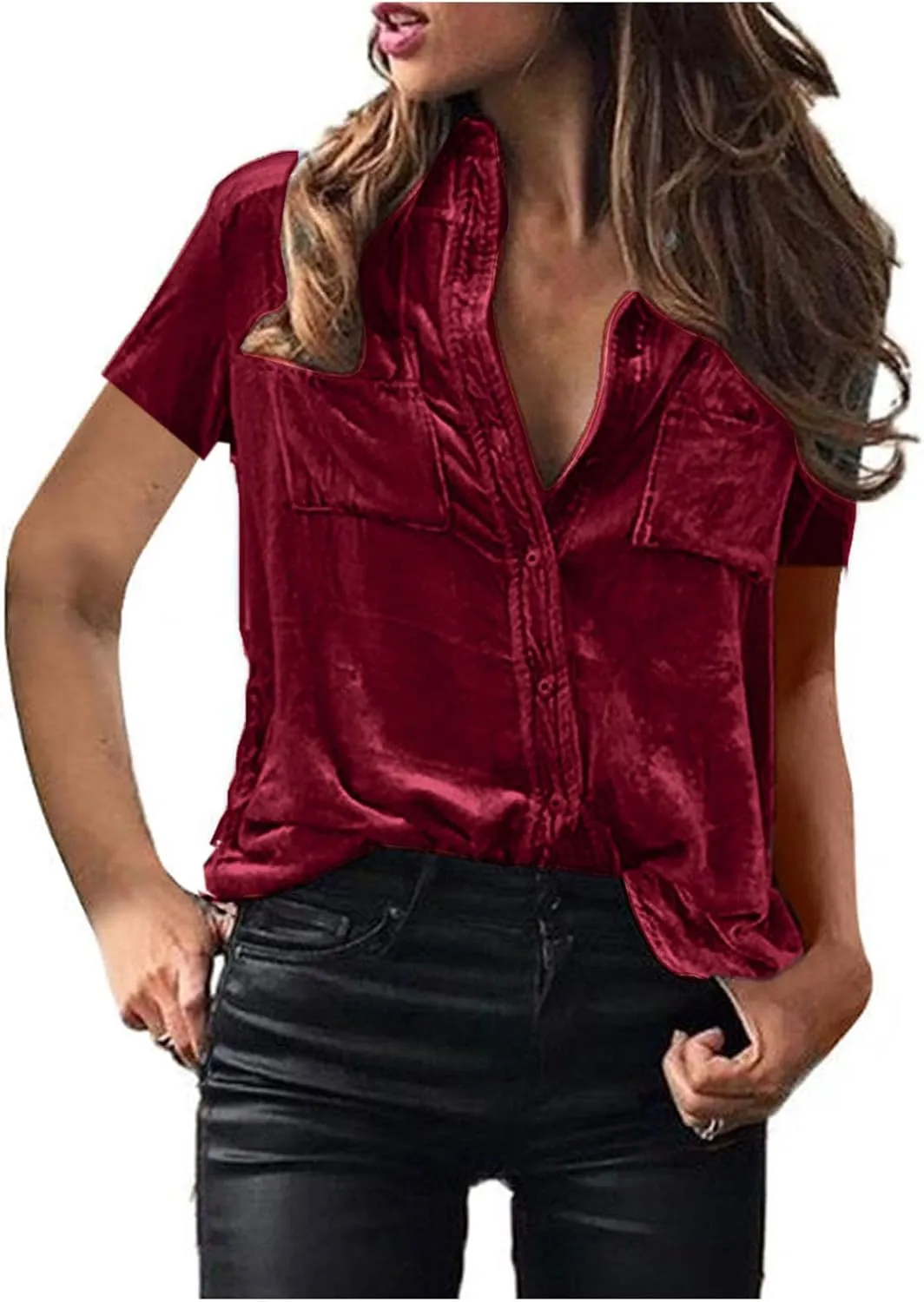 Summer Tops for Women Fashion Short Sleeve V Neck Tops Casual Button Down Shirts Trendy Lightweight Loose Fit Top